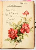 cca 1913-1919 2 db régi emlékkönyv, sok bejegyzéssel, néhány grafikus illusztrált oldallal, egyik kötésén szecessziós fém díszítéssel