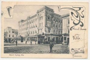 1905 Temesvár, Timisoara; Szent György tér, Temesvári Első Takarékpénztár, Első Magyar Biztosító Társaság fiókja, üzletek. Divald Károly 761. sz. / square, savings bank, insurance company, shops. Art Nouveau (fl)
