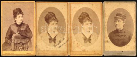 cca 1870-1880 Női portrék, 4 db vizitkártya, közte három Ravasz és Weisz aradi műterméből, egy Adéle bécsi műterméből, vegyes állapotban, 10,5x6,5 cm