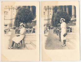 2 db RÉGI fotós képeslap: kalapos hölgy / 2 pre-1945 photo postcards: lady with hat