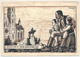 1933 Kolozsvár, Cluj; "Lesz még kikelet Kolozsvár felett" Kincses Kolozsvár irredenta művészlap. Magyar Nemzeti Szövetség kiadása / Hungarian irredenta propaganda art postcard s: Márton L. (gyűrődések / creases)