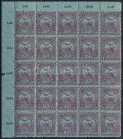 1913 Turul 50f ívsarki 25-ös tömb, benne a 35f/50f tévnyomat (200.000) (falc az ívszélen, 1 bélyegen...
