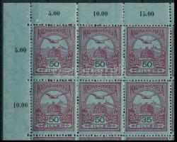 1913 Turul 50f ívsarki 25-ös tömb, benne a 35f/50f tévnyomat (200.000) (falc az ívszélen, 1 bélyegen...