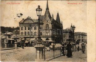 1913 Kolozsvár, Cluj; Wesselényi utca, piac, gyógyszertár, üzletek. Ludasi kiadása / street view, market, pharmacy, shops (fl)