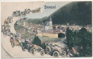 Brassó, Kronstadt, Brasov; látkép. Montázs automobilokkal / general view. Montage with automobiles (r)