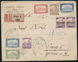 1921 Ajánlott cenzúrázott levél 2 db Baranya és 6 db magyar bélyeggel Prágába / Registered censored ...