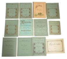 cca 1900-1910 Körirás és díszirási betüminták, összeáll.: Szabó Gyula + Kerekirás (rond) II. füzet 2. sz. + 10 db régi iskolai füzet. Vegyes állapotban.