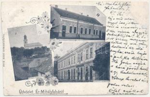 1900 Érmihályfalva, Valea lui Mihai; Református templom, Kaszinó, Kiházasító egyleti iroda, Nemzeti szálloda, Tolnai üzlete. Beck Adolf kiadása, szecessziós-virágos keret / Calvinist church, casino, hotel, shops. Art Nouveau, floral (b)