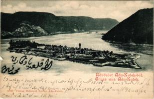1901 Ada Kaleh, Török sziget Orsova alatt a Dunán. Mehemet Fehmi kiadása / Turkish island (kis szakadás / small tear)
