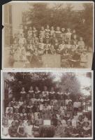 cca 1910-1915 Leányiskolai csoportképek, 2 db fotó, sérülésekkel, 18x24 cm + Mertz Margit III. osztályos tanuló nevével ellátott mappa, benne bizonyítvány és egyéb okmányok másolatai