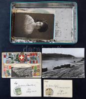 Egy fémdoboznyi MODERN és RÉGI magyar és külföldi város és motívum képeslap, üdvözlőkártya / a metal box of modern and pre-1945 town and motive postcards and greeting cards