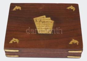 Fa kártyatartó doboz réz intarziával, hibátlan, 12x15 cm