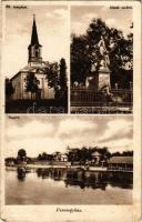 1944 Veresegyház, római katolikus templom, Hősök szobra, tópart, strand. Fekete fényképész kiadása (Rb)