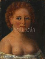 K.B. jelzéssel, XIX. sz. festő: Vörös hajú hölgy portréja. Olaj, vászon. Fatáblára rögzítve. Hátoldalán "Festette Karlovszky Bertalan Vöröshajú nő" felirattal. Szélén sérült. 30x23 cm.