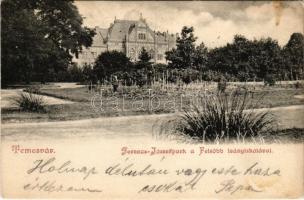 Temesvár, Timisoara; Ferenc József park a felsőbb leányiskolával / park with girls' school (fl)