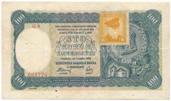 Szlovákia 1940. 100K II. kiadás, csehszlovák bélyeggel, "G9 883774" T:F Slovakia 1940. 100 Korun 2nd issue, with Czechoslovak stamp, "G9 883774" C:F Krause P#11