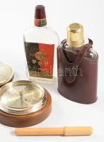 Vegyes bolhapiac tétel: lázmérő, bőrborítású kulacs, bariméter, hygrometer