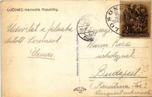 1938 Losonc, Lucenec; Köztársaság tér, templom, Tarjányi János és Ignatz Redlinger üzlete. Marcel Fi...