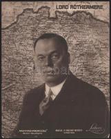 cca 1927 Lord Rothermere arcképe, háttérben Nagymagyarországgal, irredenta nyomat, Magyar Nemzeti Szövetség, kis szakadással, az alsó sarkain kis gyűrődésekkel, körbevágott, 29,5x23,5 cm