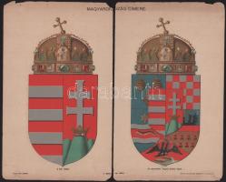 cca 1900 Magyarország címere, színes litográfia, a Pallas Nagy Lexikona melléklete, két részre vágva, kisebb lapszéli sérülésekkel, 24x15 cm (x2)