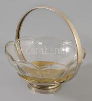 Régi ezüstözött kínáló üveg tállal, m: 27 cm