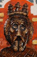 Pázmándy Antal (1943-): Szent László király. Mázas samottos kerámia dombormű, fjelzett 21x23 cm