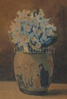 Barabás Reismann Gizella (1893-1985): Csendéket kockás abrosszal. Akvarell, papír, jelzett. 24x18 cm...