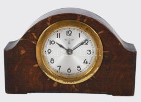 Antik asztali óra, fa testtel, kopással, 13x8 cm