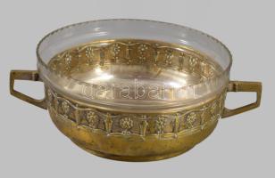 Szecessziós alpakka kínáló, jelzett, üveg betéttel, 16x7 cm