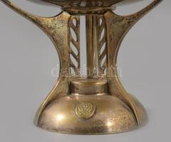 cca 1900 Szecessziós ezüstözött alpakka kínáló, gazdagon díszített, üveg tállal, d: 24 cm, m: 22 cm