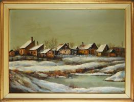 Gácsi Mihály (1926-1987): Január. Olaj, farost. Jelzett. Hátoldalán Képcsarnok Vállalat címkéjével. Dekoratív fakeretben. 60x80 cm.