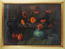 Schey Ferenc (1925-1997): Csendélet. Olaj, farost. Jelezve jobbra lent (keret által kissé takarva), hátoldalán Képcsarnok Vállalat címkéivel. Üvegezett fakeretben. 60×80 cm