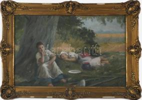Jelzés nélkül: Pihenő. Olaj, vászon. Dekoratív, sérült fakeretben. 40×60 cm.