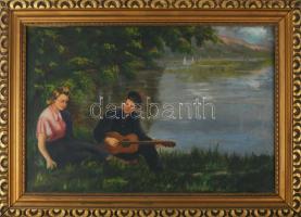 Olvashatatlan jelzéssel (Benedek György?): Szerelmespár. Olaj, vászon. Dekoratív fakeretben. 40×60 cm.