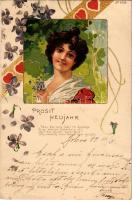 1899 Prosit Neujahr / újévi üdvözlet. No. 5120. / New Year greeting art postcard. Art Nouveau, floral, litho + "MURÁNY - PELSŐCZ 191. SZ." vasúti mozgóposta bélyegző (gyűrődések / creases)