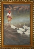 Jelzés nélkül: Libapásztorlány. Olaj, vászon. Dekoratív, kissé sérült fakeretben. 60×40 cm.