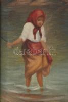 Jelzés nélkül: Libapásztorlány. Olaj, vászon. Dekoratív, kissé sérült fakeretben. 60×40 cm