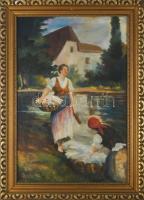 Paál J jelzéssel: Mosónők. Olaj, vászon. Dekoratív, kissé sérült fakeretben. 60×40 cm.