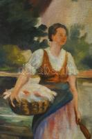 Paál J jelzéssel: Mosónők. Olaj, vászon. Dekoratív, kissé sérült fakeretben. 60×40 cm