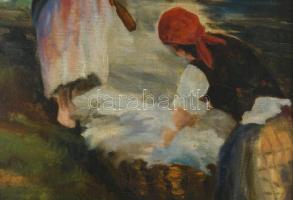 Paál J jelzéssel: Mosónők. Olaj, vászon. Dekoratív, kissé sérült fakeretben. 60×40 cm