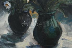 PL jelzéssel: Csendélet, 1957. Olaj, vászon. Dekoratív, kissé sérült fakeretben. 34×32,5 cm