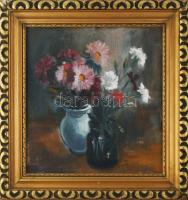 PL jelzéssel (jobbra lent halványan): Csendélet. Olaj, vászon. Dekoratív, kissé sérült fakeretben. 34×32,5 cm.