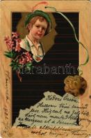 1902 Boy art postcard. Art Nouveal, floral, Emb. litho (lyuk / pinhole)