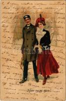 1900 Igen vagy nem! / love couple art postcard. litho