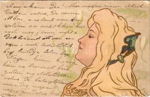 1900 Lady art postcard. litho + "MURÁNY - PELSŐCZ 191. SZ." vasúti mozgóposta bélyegző (b)