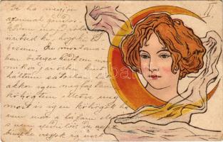 1900 Lady art postcard. litho + "MURÁNY - PELSŐCZ 191. SZ." vasúti mozgóposta bélyegző (lyuk / pinhole)