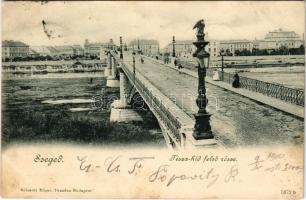 1900 Szeged, Tisza híd felső része. Schmidt Edgar kiadása + "SZEGED - ESZÉK 162. SZ." vasúti mozgóposta bélyegző (fl)