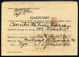 1941 Eger, Kelet-Magyarország és Erdély egy részének felszabadulása alkalmából alapított Erdély Emlékérem igazolvány