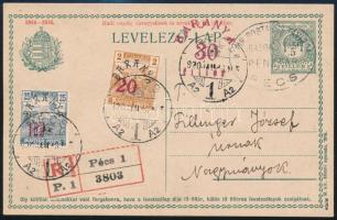 1920 Ajánlott cenzúrázott levelezőlap 2 db Baranya II. bélyeggel / Registered censored postcard with...