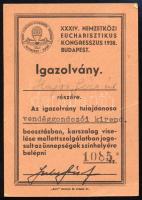 1938 XXXIV. Eucharisztikus Kongresszus vendéggondozói igazolványa